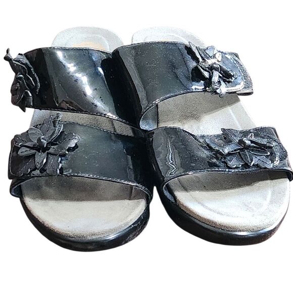 Dansko Patent Leather Sandals Donna Sz 39 US 9 Black Wedge Flowers Double Strap - Picture 10 of 11